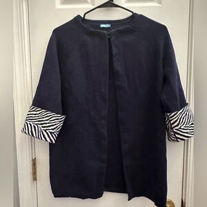J McLaughlin Sweater Womens Small Navy Blue White Open Front Cardigan Drape